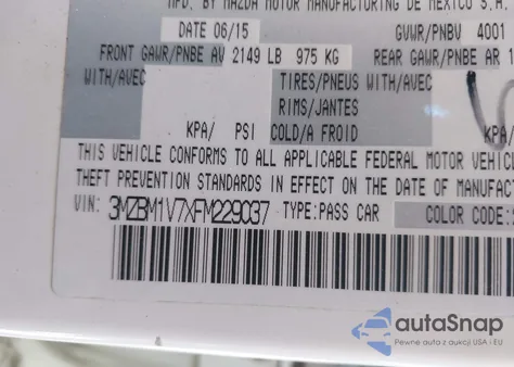 2015 Mazda Mazda3 I Touring z USA, uszkodzony, nr VIN 3MZBM1V7XFM229037